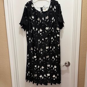 Black Crochet Overlay Dress with White Lining - Women's